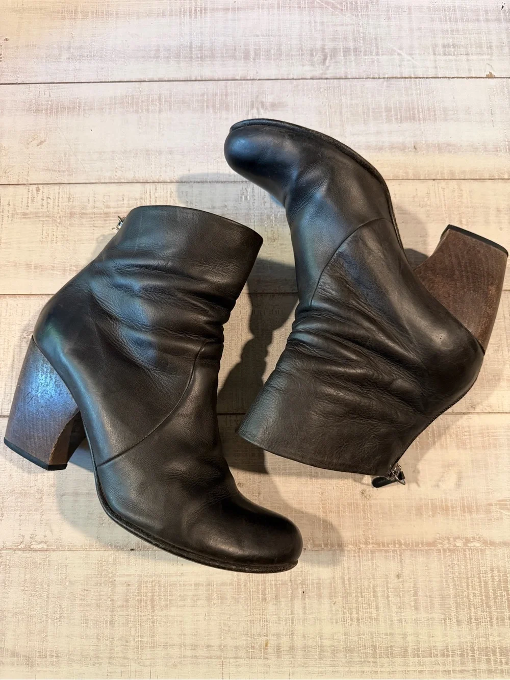Coclico Brown Leather Slouch Ankle Boots Wood Block Heel EU 39.5 Distressed